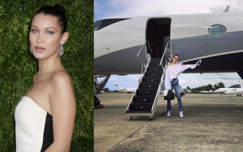 Bella Hadid – JetLux, Estimated $100K Per Trip | Alamy Stock Photo by John Barrett/PHOTOlink & Instagram/@bellahadid