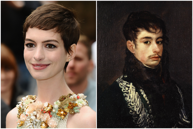 Anne Hathaway und ein Gemälde von Francisco de Goya | Steve Vas/Featureflash Photo Agency/Shutterstock & Alamy Stock Photo by The Picture Art Collection