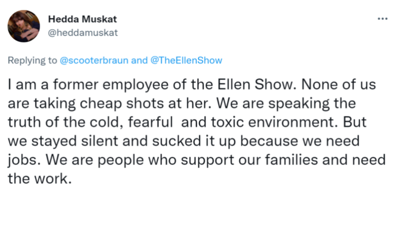Hedda Muskat: “La disculpa de Ellen llega 16 años tarde” | Twitter/@heddamuskat